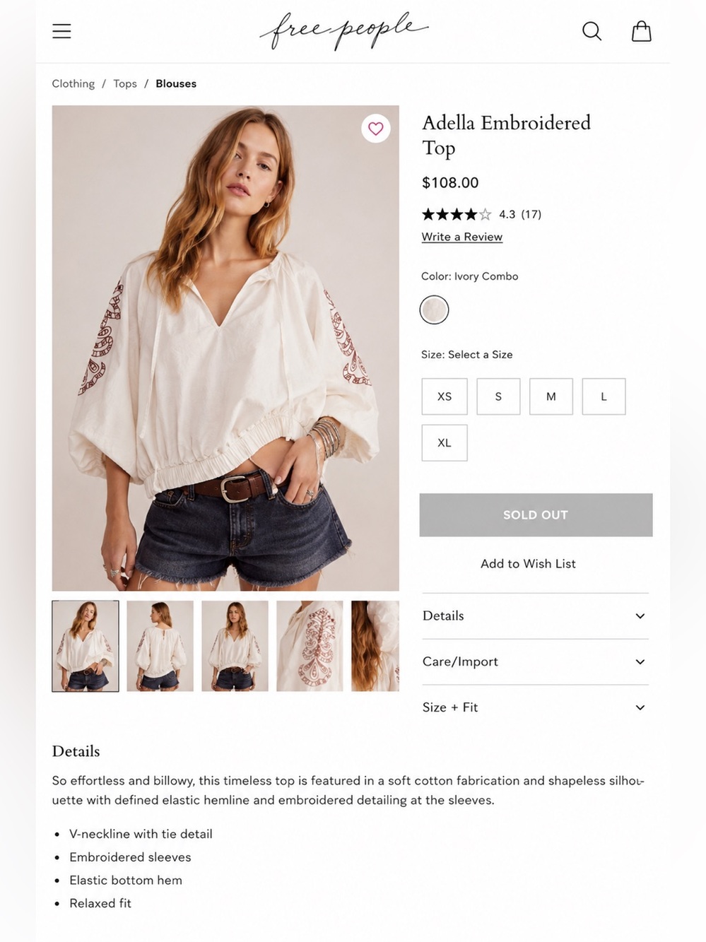 Free People Adella Embroidered V-Neck Top - Ivory with Rust Embroidery